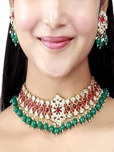Valentine Day Special Gold Tone Kundan And Green Beads Ethnic Choker Necklace Wi - £29.19 GBP