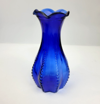 Vintage Indiana Glass Cobalt Blue Beaded Rib Vase Ruffle Rim Edge #2 USA 7&quot; - $12.99