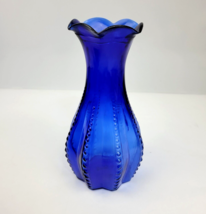 Vintage Indiana Glass Cobalt Blue Beaded Rib Vase Ruffle Rim Edge #2 USA 7&quot; - £10.26 GBP