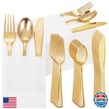 Supernal 200pc Gold Plastic Silverware &amp; Pocket Napkins - 50 Sets Heavy ... - $44.27