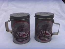 WINTER  SNOW THEME   METAL TIN CAN SALT &amp; PEPPER SHAKERS  VINTAGE UNUSED - $14.80