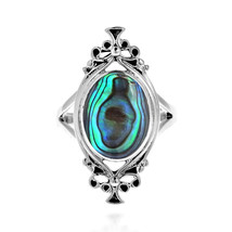 Bohemian Vintage Natural Abalone Oval Statement .925 Silver Ring-8 - £18.98 GBP