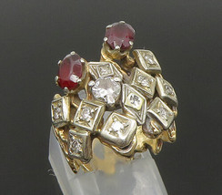 14K GOLD - Vintage 1/2 Ct Genuine Diamonds &amp; Garnet Brutalist Ring Sz 5.5- GR373 - £909.86 GBP