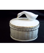 Oval china trinket box duck on lid basket weave white gold trim - £7.45 GBP