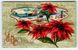 Poinsettia Flowers Christmas Postcard Vintage Embossed Church Country View - £8.73 GBP