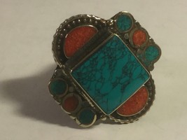 Vintage Turquoise &amp; Coral Plastic Stones Ring Unmarked Silver Alloy Adjustable - £13.34 GBP