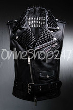 Mens Black Studded Leather VEST Brando Biker Black Stud Party Wear Winter Summer - £261.50 GBP