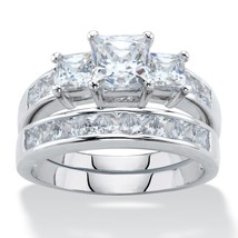 PalmBeach Jewelry 3.11 TCW Princess-Cut CZ Platinum-Plated Bridal Ring Set - £17.83 GBP