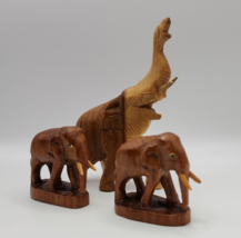 Wood Carved Elephant Figurines - Set of 3 (2 Trunk Down &amp; 1 Trunk Up) - £11.58 GBP