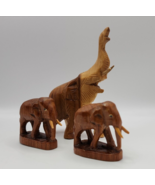 Wood Carved Elephant Figurines - Set of 3 (2 Trunk Down &amp; 1 Trunk Up) - £11.54 GBP