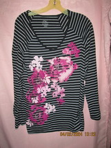Just My Size Top 2X Stripe Floral V-Neck Ruched Long Sleeve Black Pink Women - £7.92 GBP