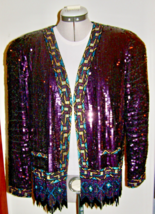 VINT. SEQUINED OPEN DRESS JACKET w/ DECORATIVE PATTERNED TRI-COLORED BEA... - $157.41