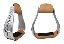 Horse Saddle Stirrups Western Cross Engraved Angled Aluminum Stirups Kne... - $59.39