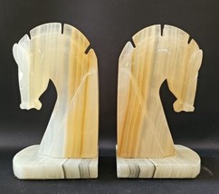 VTG Knight Trojan Horse Head Large Carved Onyx Marble Stone Bookend Set Book End - £46.85 GBP