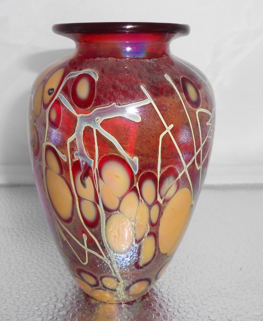 Primary image for Vintage Paul Bendzunas Art Glass Vase Hand Blown red iridescent Gorgeous 5"