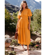 Grapefruit Orange Puff Sleeve Pleated High Waist Flowy Midi Dress - $509.80 MXN