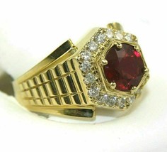 2.93 Ct Round Red Ruby &amp; Diamond Halo Solitaire Men&#39;s Ring 14k Yellow Gold Over - £99.91 GBP