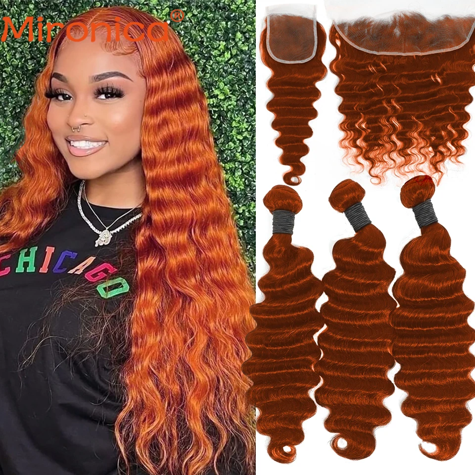 10-32 Inch Ginger Orange Human Hair 3/4 Bundles with 4x4 13x4 Closure Loose Deep - £102.47 GBP+
