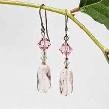 925 Sterling Silver - Pink White Glass Crystal Drop Dangle Earrings - $19.95