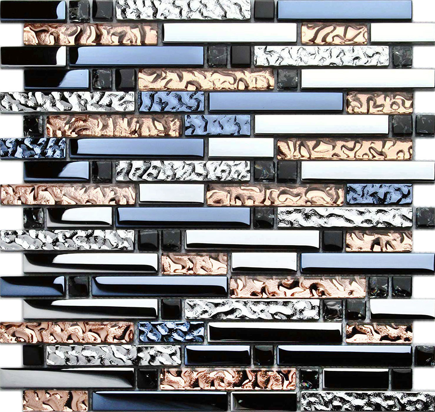 Glass Backsplash Tile Dark Blue Rose Gold and Silver Mosaic Linear Wall Tiles