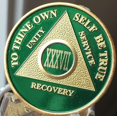 37 Year AA Medallion Green Gold Plated Alcoholics Anonymous Sobriety Chip Coin