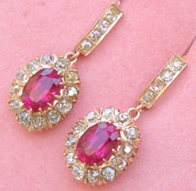 VICTORIAN OVAL RUBY 2+ctw MINE DIAMOND CLUSTER DROP 18K COCKTAIL EARRING... - $3,068.01
