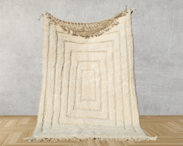 White Moroccan Beni Ouirain Rug - Authentic Berber Wool Carpet - £361.92 GBP