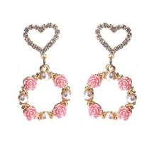 Love Heart Pink Flower Pearl Drop Hoop Earrings - £7.98 GBP