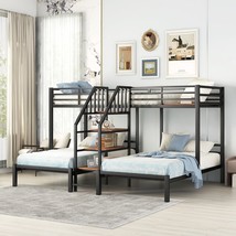 Metal Twin Over Twin &amp; Twin Bunk Bed, Triple Bunk Bed With Storage Shelves Stair - £394.93 GBP