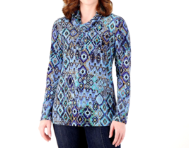 Susan Graver Foil Printed Liquid Knit owl Neck Top- Cool Breeze, XS - £18.51 GBP