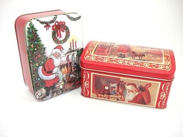 Christmas Tins Set of 2 Santa Filling Stockings Victorian Domed Hinged Lid - $9.40