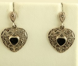 Vtg Sterling Silver Heart Shaped Marcasite and Black Onyx Pierced Drop Earrings - £27.37 GBP