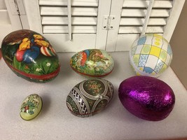 Lot 6 vtg Easter egg candy cantainers old 4 papier mache 2 tin Western G... - $94.05