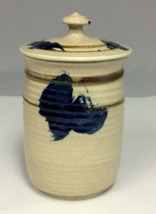 Signed Studio Art Pottery Cannister Jar Lid Natural Blue Brown Design - £20.89 GBP