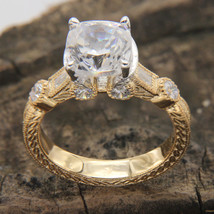 5.45CT Cushion Cut Cz Solitaire Art Deco Engagement Ring in 14K Yellow Gold Over - £76.75 GBP