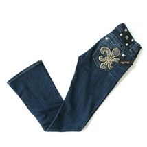 NWT Miss Me Boot in Dark Blue Fleur de Lys Rhinestone Stretch Jeans 27 x 33 - £48.28 GBP