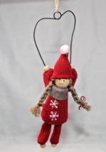 Christmas Ornament Wooden Knit Girl Red Snowflake Sweater 5.5&quot; Braids Hat - £5.28 GBP