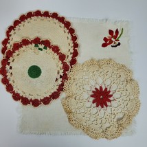 Vintage Crochet Embroidery Doily Table LOT of 4 Red Beige FOR CRAFTING - $11.84