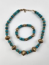Turquoise stone disc Necklace &amp; Bracelet set w/ sterling silver beads 92... - $110.87