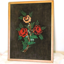 Vintage Embroidered Roses On Brown Velvet Wall Art 15&quot;x20&quot; Floral Wood F... - $10.89