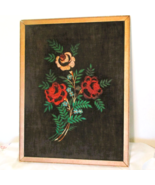 Vintage Embroidered Roses On Brown Velvet Wall Art 15&quot;x20&quot; Floral Wood F... - $203.44 MXN