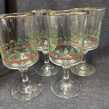Lot Of 4 - 1985 Arbys Christmas Holiday Holly Berry Glasses Wine Goblet Libbey - £11.61 GBP