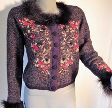 Vintage BEREK2 Sweater Maribou Neck and Cuffs Embroidered Flowers  Short... - £19.57 GBP