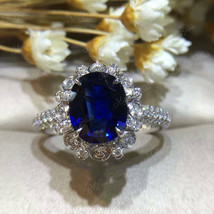 3Ct Oval Cut Simulated Blue Sapphire CZ Halo Engagement Ring 925 Sterling Silver - £99.45 GBP