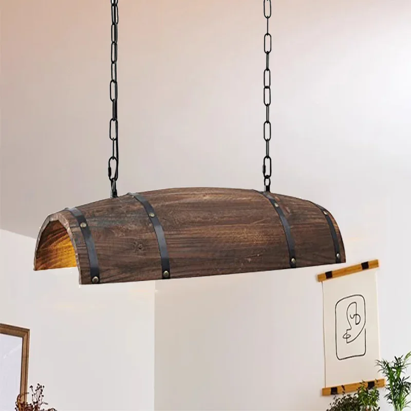 D wood e27 e26 wine barrel iron chain led chandelier restaurant living room kitchen bar thumb200