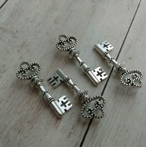 4 Skeleton Key Charms Antiqued Silver Steampunk Pendants Trinity 2 Sided Finding - £4.07 GBP
