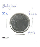 Belgium 1 Franc, 1943, zinc, KM 127 - $1.37 CAD