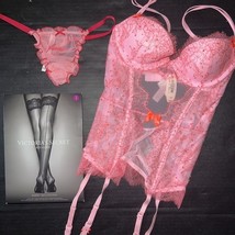 Victoria&#39;s Secret 32B,32C GARTER SLIP/CORSET S THONG PINK orange crystal... - $49.49+