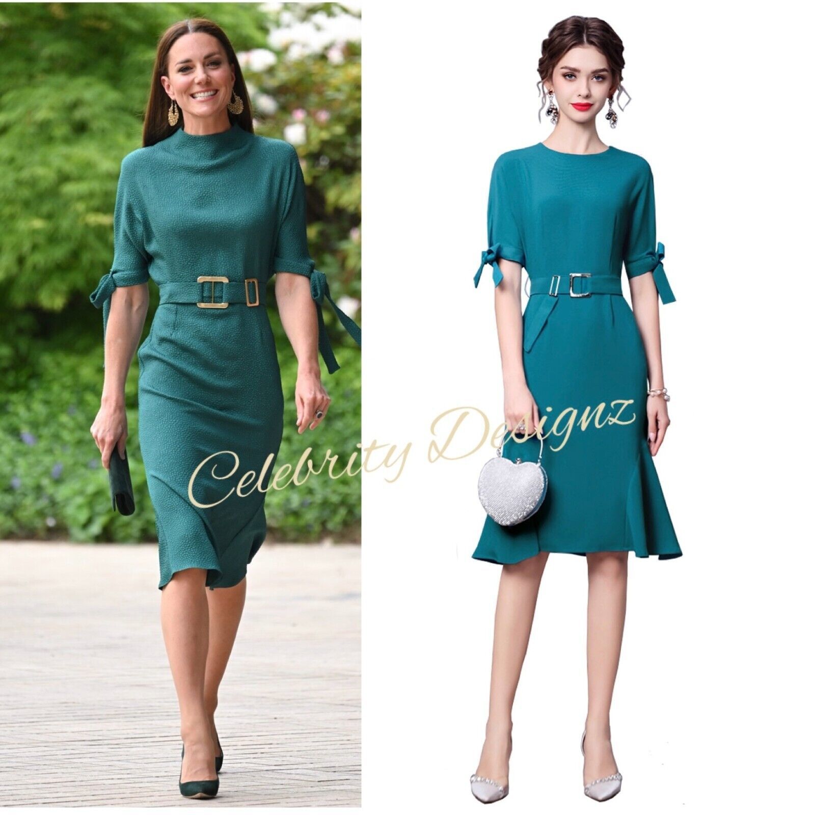 Kate Middleton Inspired Teal Cotton Fit-&-Flare Dress with Tie Sleeves OZ Stock