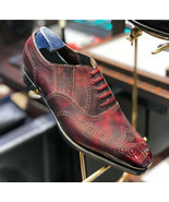Handmade Men&#39;s Leather Burgundy Color Wing Tip Lace Up Oxfords Dress Sho... - £188.53 GBP
